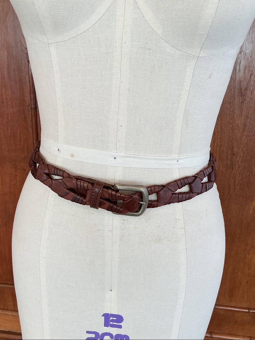 Woven Brown Leather Belt with Metal Buckle